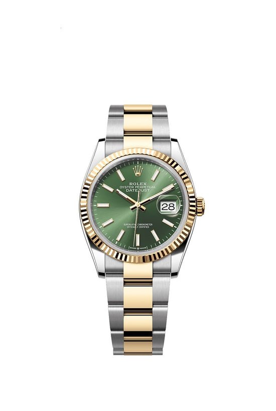 Rolex Replica Watch Datejust 36, Oystersteel and 18k Yellow Gold, Olive green sunray dial, Fluted Oyster, 126233-0058